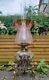 Antique Cherub/Putti Champleve/Cloisonné Hex Cut Glass Oil Lamp