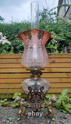 Antique Cherub/Putti Champleve/Cloisonné Hex Cut Glass Oil Lamp