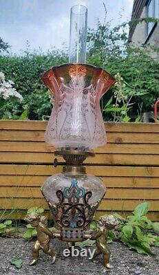 Antique Cherub/Putti Champleve/Cloisonné Hex Cut Glass Oil Lamp