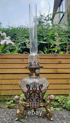 Antique Cherub/Putti Champleve/Cloisonné Hex Cut Glass Oil Lamp