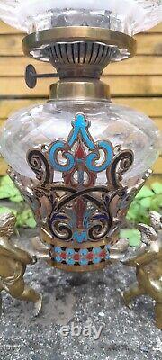 Antique Cherub/Putti Champleve/Cloisonné Hex Cut Glass Oil Lamp