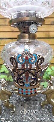 Antique Cherub/Putti Champleve/Cloisonné Hex Cut Glass Oil Lamp