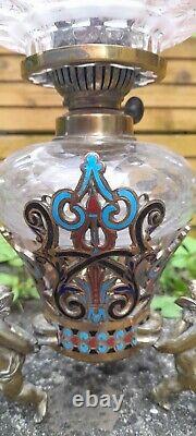 Antique Cherub/Putti Champleve/Cloisonné Hex Cut Glass Oil Lamp