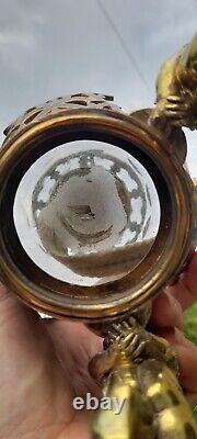 Antique Cherub/Putti Champleve/Cloisonné Hex Cut Glass Oil Lamp