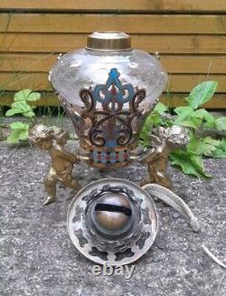 Antique Cherub/Putti Champleve/Cloisonné Hex Cut Glass Oil Lamp