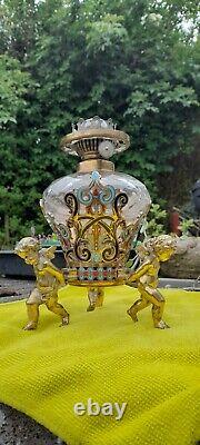 Antique Cherub/Putti Champleve/Cloisonné Hex Cut Glass Oil Lamp