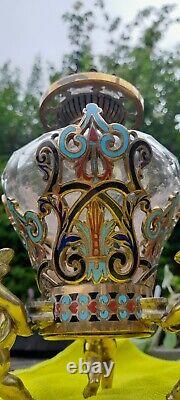 Antique Cherub/Putti Champleve/Cloisonné Hex Cut Glass Oil Lamp