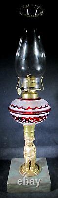 Antique Composite Figural Oil / Kerosene Stand Lamp Ruby Stained Hearts & Ruffle