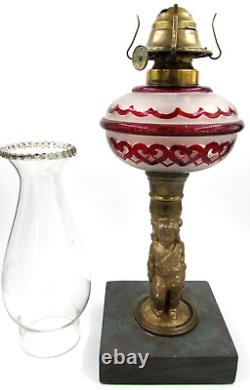 Antique Composite Figural Oil / Kerosene Stand Lamp Ruby Stained Hearts & Ruffle