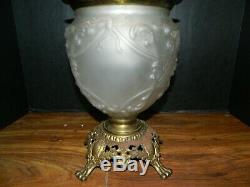 Antique Consolidated Clear Satin Glass & Brass Oil Table Lamp Grapes Shade VG