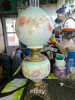 Antique Converted Oil Lamp Hand Painted Double Globe Electric GWTW Hurricane
