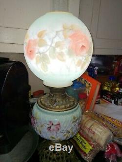 Antique Converted Oil Lamp Hand Painted Double Globe Electric GWTW Hurricane