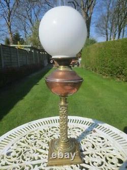 Antique Copper And Brass Duplex Oil Lamp With White Shade