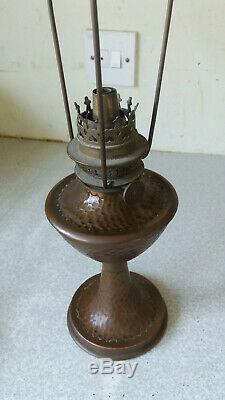 Antique Copper -arts & Crafts Oil Lamp Glass Jewelled Shade - W & W Kosmos