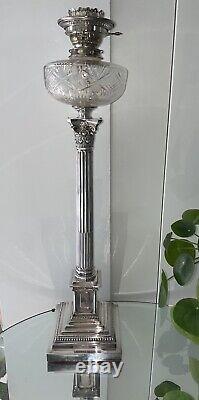 Antique Corinthian Column Walker & Hall Large Silver Plate Oil Lamp