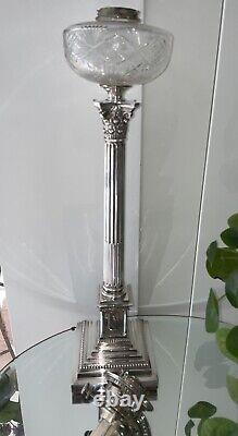 Antique Corinthian Column Walker & Hall Large Silver Plate Oil Lamp