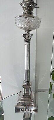 Antique Corinthian Column Walker & Hall Large Silver Plate Oil Lamp