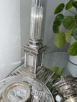 Antique Corinthian Column Walker & Hall Large Silver Plate Oil Lamp