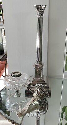 Antique Corinthian Column Walker & Hall Large Silver Plate Oil Lamp