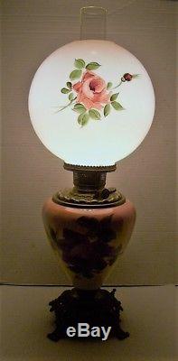 Antique, Cottage Roses Parlor Gwtw Electrified Oil Lamp, Table Lamp, Base Lites
