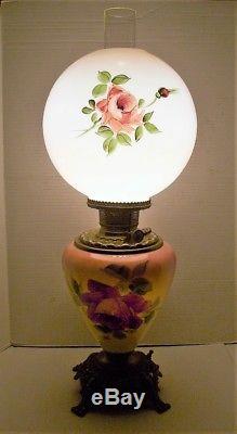 Antique, Cottage Roses Parlor Gwtw Electrified Oil Lamp, Table Lamp, Base Lites