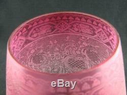 Antique Cranberry Conical Shape Satin Glass Oil Lamp Shade, Etched Decoration