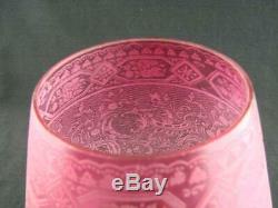 Antique Cranberry Conical Shape Satin Glass Oil Lamp Shade, Etched Decoration
