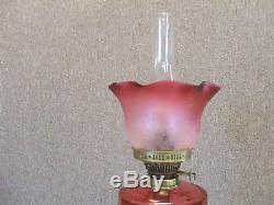 Antique Cranberry Double Burner Oil Lamp & Cranberry Graduated Etched Shade