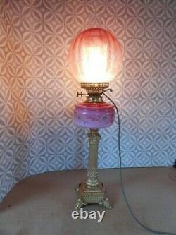 Antique Cranberry Glass Double Duplex Wick Oil Lamp (converted to electric)