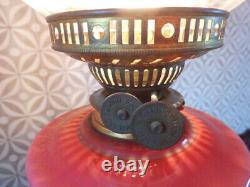 Antique Cranberry Glass Double Duplex Wick Oil Lamp (converted to electric)