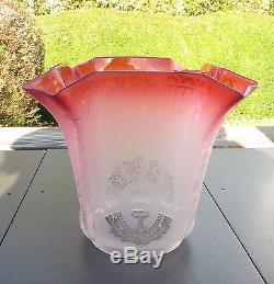 Antique Cranberry Glass Etched Oil Lamp Shade / Globe, 4 fitter