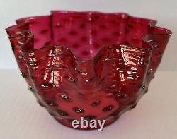 Antique Cranberry Glass Lamp Shade Victorian Oil Lamp Ruffled Hobnail 3 7/8 Fit