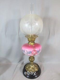 Antique Cranberry Glass OIL Lamp & Original Acid Etched Oil Lamp Shade