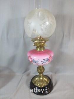 Antique Cranberry Glass OIL Lamp & Original Acid Etched Oil Lamp Shade