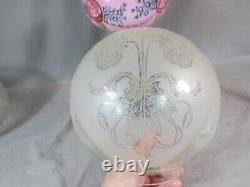 Antique Cranberry Glass OIL Lamp & Original Acid Etched Oil Lamp Shade