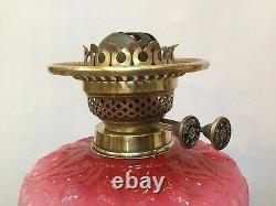 Antique Cranberry Glass Oil Lamp Brass Corinthian Column Embossed Pink Font 81cm