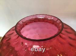 Antique Cranberry Glass Oil Lamp Brass Corinthian Column Embossed Pink Font 81cm