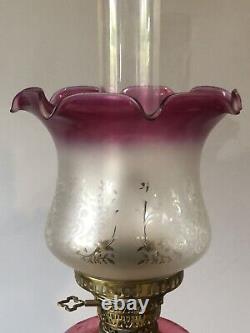 Antique Cranberry Glass Oil Lamp Corinthian Brass Column Fluted Shade