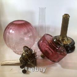 Antique Cranberry Glass Oil Lamp Faceted Crystal Font Acid Etched Shade