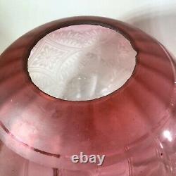 Antique Cranberry Glass Oil Lamp Faceted Crystal Font Acid Etched Shade