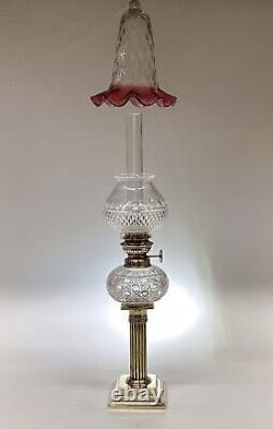 Antique Cranberry Glass Oil Lamp Smoke Bell Quilted RARE