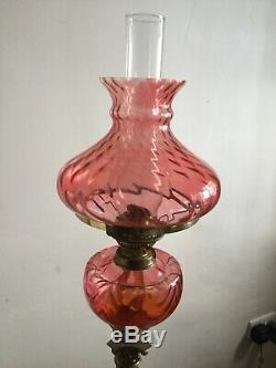 Antique Cranberry Glass Oil Lamp With Brass Corinthian Column Base Complete