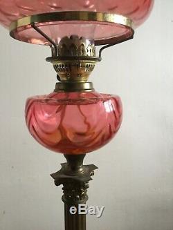 Antique Cranberry Glass Oil Lamp With Brass Corinthian Column Base Complete