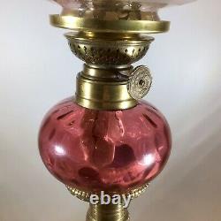 Antique Cranberry Glass Peg Oil Lamp Kosmos Diamond Cut & Acid Etched Shade