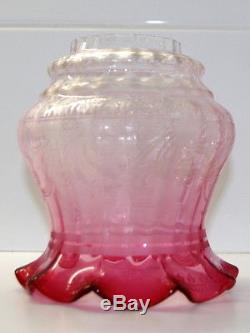 Antique Cranberry Ruffled Ribbed & Etched Kerosene Oil Lamp Globe Shade