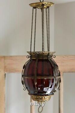 Antique Cranberry Swirl Hanging Parlor PULL-DOWN OIL Lamp with adjustable chain