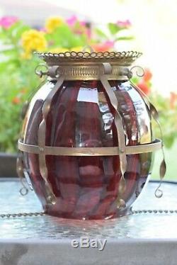 Antique Cranberry Swirl Hanging Parlor PULL-DOWN OIL Lamp with adjustable chain