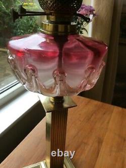 Antique Cranbery Glass oil lamp. Duplex burner, Beehive shade