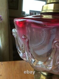 Antique Cranbery Glass oil lamp. Duplex burner, Beehive shade