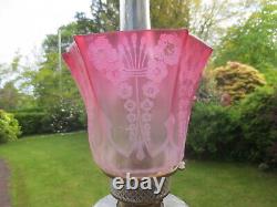 Antique Crystal Etched Cranberry Glass Duplex Oil Lamp Shade